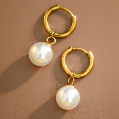 18K Gold Dipped Waterproof Stainless Steel Pearl Drop Earrings