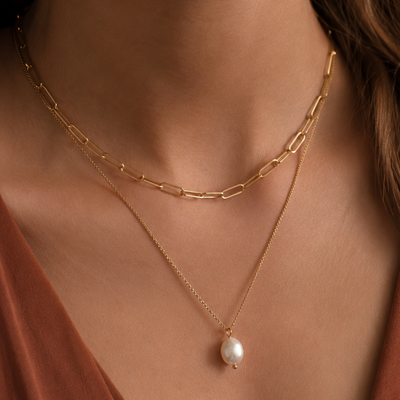 18K Gold Plated Waterproof Stainless Steel pearl Necklace